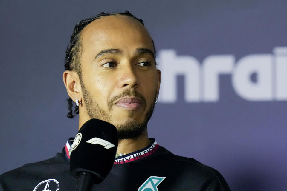 Mercedes driver Lewis Hamilton of Britain attends a media conference ahead of the Formula One Bahrain Grand Prix at the Bahrain International Circuit in Sakhir, Bahrain, Wednesday, Feb. 28, 2024. (AP Photo/Darko Bandic)