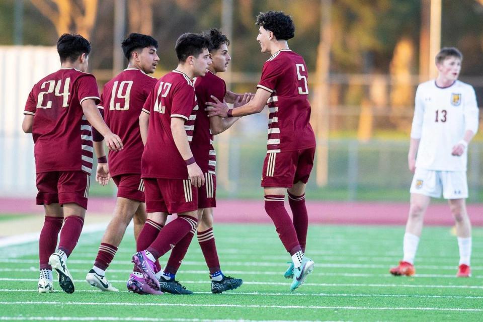 Golden Valley Cougars players celebrate a goal against Las Lomas during a NorCal Regional playoff game at Golden Valley High School in Merced, Calif., on Tuesday, Feb. 27, 2024. The Knights beat the Cougars 3-1 in penalty kicks.