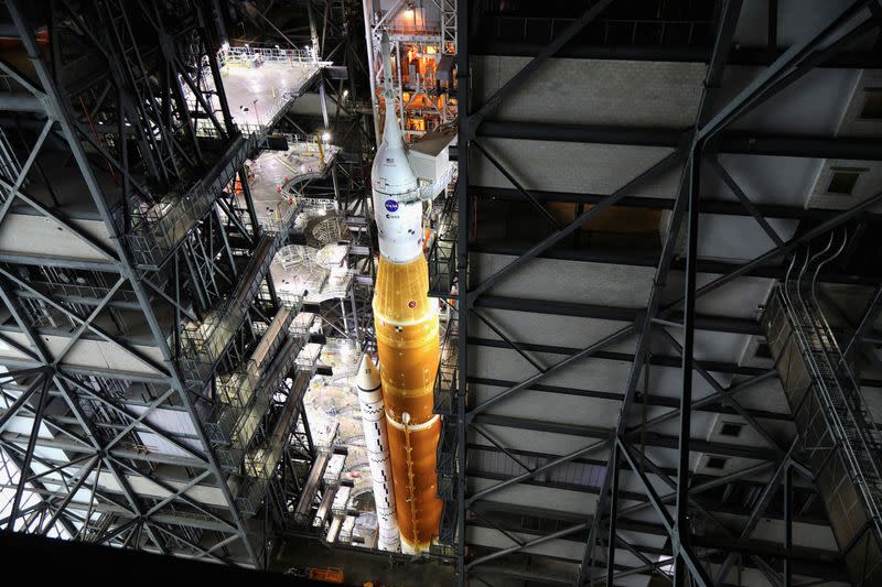 NASA's next-generation moon rocket, the Space Launch System rocket, is seen in the Vehicle Assembly Building at Cape Canaveral, Florida