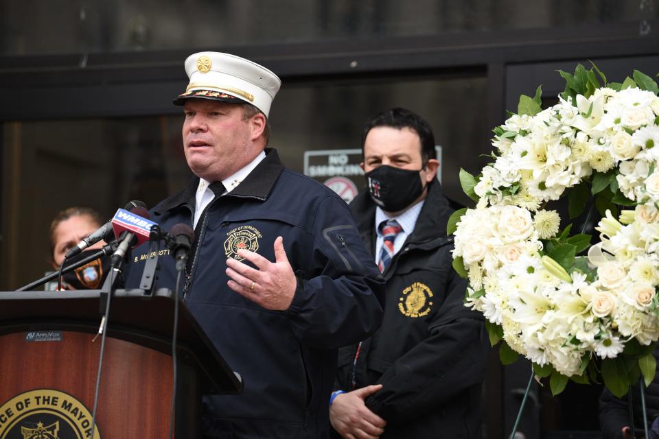 Paterson Fire Chief Brian McDermott speaks during the one-year anniversary memorial ceremony for the victims of Covid-19, outside of City Hall in Paterson on 03/16/21. 519 Patersonians lost their lives since the first official COVID case was reported on March 16th 2020 in the City of Paterson. 