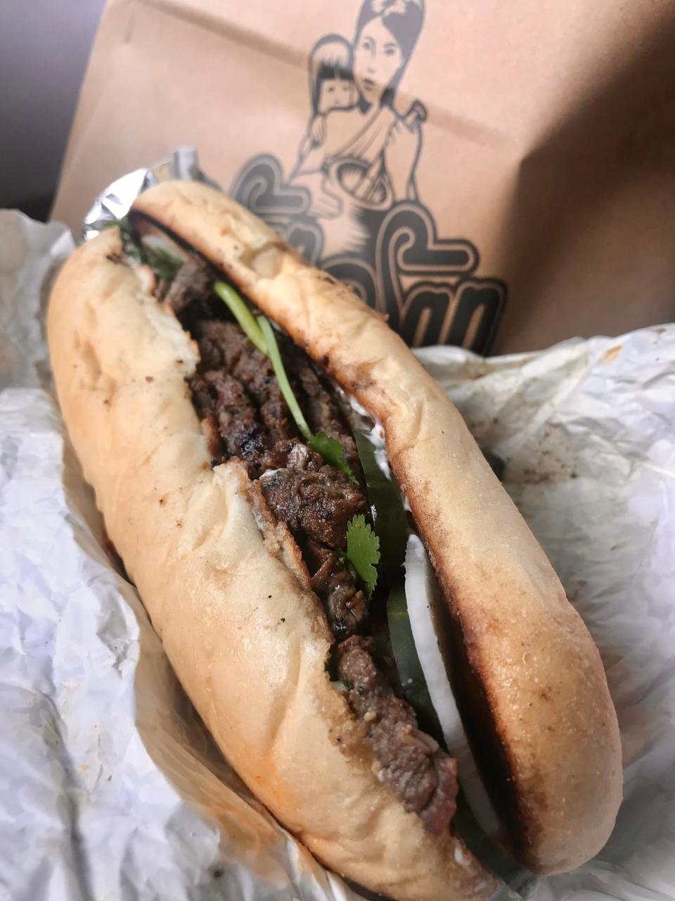 The grilled flavor of charred skirt steak adds an extra dimension to the banh mi-style sandwich from SapSap in Mount Pleasant.