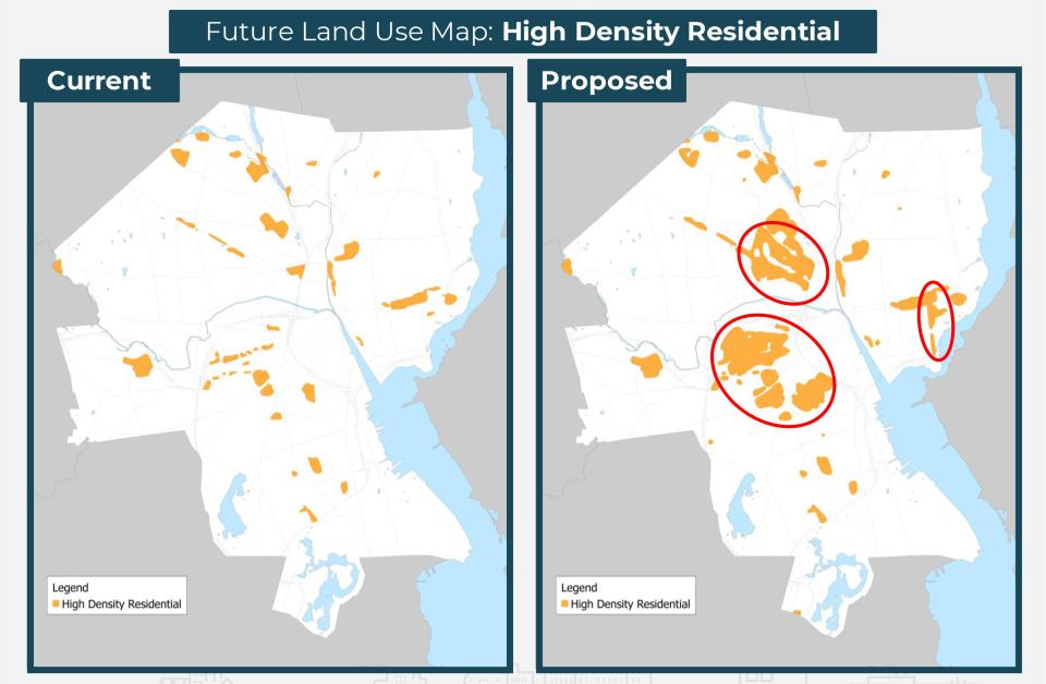 This "high density residential" map shows where the city planners are proposing triplex zoning increase to the much denser R-4 zone, circled on the map on the right.