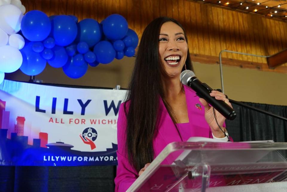 Lily Wu celebrates her victory in the mayor’s race Tuesday night.
