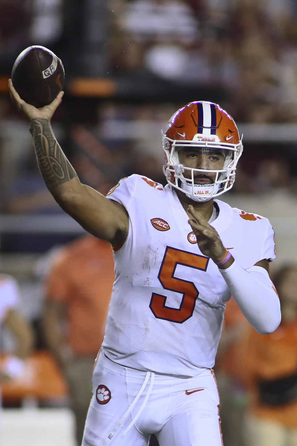 Clemson quarterback DJ Uiagalelei throws a pass during the second quarter of the team's NCAA college football game against Florida State on Saturday, Oct. 15, 2022, in Tallahassee, Fla. (AP Photo/Phil Sears)