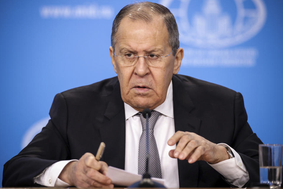 Russian Foreign Minister Sergey Lavrov speaks during his annual news conference in Moscow, Russia, Friday, Jan. 14, 2022. (Dimitar Dilkoff/Pool Photo via AP)