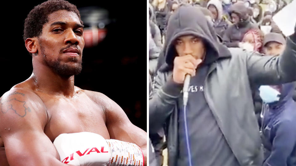 A 50-50 split image show boxer Anthony Joshua on the left, next to a picture of him from a recent Black Lives Matter rally.