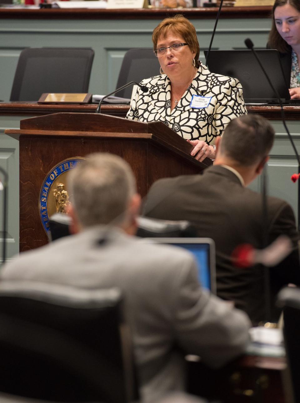 Kim Robbins, Delaware Pharmacist Society addresses the task force at the Adult Use Cannabis Task Force meeting at Legislative Hall in Dover.