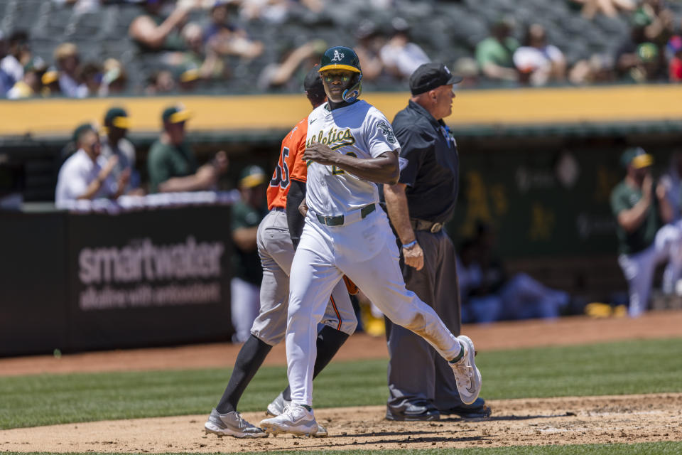 Oakland Athletics' Daz Cameron scores against the Baltimore Orioles during the second inning of a baseball game Saturday, July 6, 2024, in Oakland, Calif. (AP Photo/John Hefti)