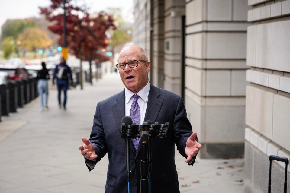 David Schoen, attorney for Steve Bannon, speaks to the press outside the E. Barrett Prettyman U.S. Courthouse on Nov. 9, 2023, in Washington, D.C. The U.S. Court of Appeals for the District of Columbia Circuit heard arguments today in the contempt of Congress conviction of Steve Bannon, a former Trump White House official. Bannon was initially sentenced fo2r2 four months in prison for failing to comply with a Congressional subpoena related to the January 6, 2021, attack on the U.S. Capitol.