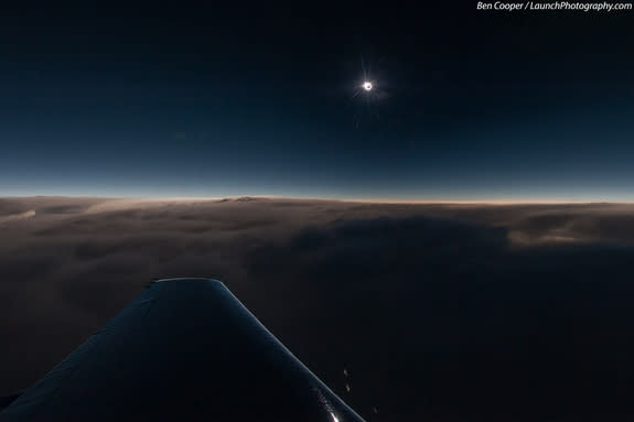 Veteran space photographer Ben Cooper captured this spectacular aerial view of the 2013 total solar eclipse from an eclipse-chasing airplane during the rare hybrid solar eclipse of Nov. 3, 2013. The photo was taken from 43,000 feet over the Atl