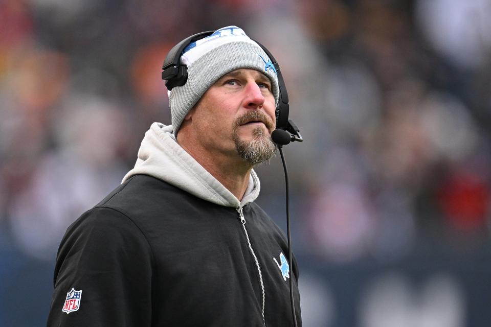 Head coach Dan Campbell of the Detroit Lions looks on during the third quarter in the game against the Chicago Bears at Soldier Field on Dec. 10, 2023, in Chicago, Illinois.