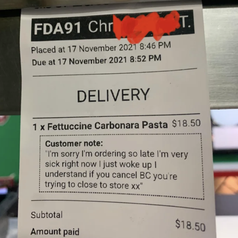 the customer note on the restaurant receipt