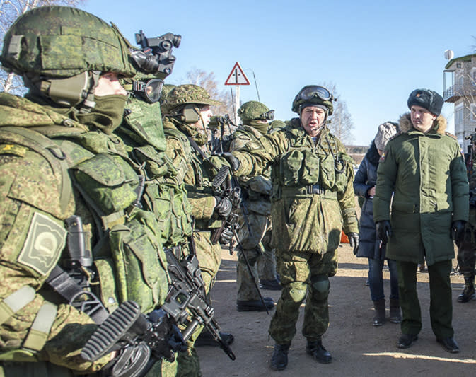 In this photo of Wednesday, Oct. 26, 2016 taken from Russian Defense Ministry official web site, military students stand during a visit of foreign military attaches as they visit the Russian Far-Eastern Higher Combined-Arms Command military academy in Blagoveshchensk, Russia. The British investigative group, Bellingcat, said Wednesday Sept. 26, 2018, that it has identified one of the two suspects in the poisoning of an ex-Russian spy in the U.K. as a highly decorated colonel in the Russian military intelligence agency GRU, saying that he graduated from the academy in Blagoveshchensk. (Russian Defense Ministry Press Service via AP)