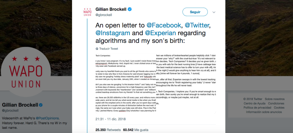 Gillian Brockell ha escrito una carta abierta a las tecnológicas pidiéndoles que cambien su algoritmo tras tener que enfrentarse a un bombardeo de publicidad relacionada con la crianza del bebé después de perder al suyo. (Foto: Captura de Twitter/@gbrockell)