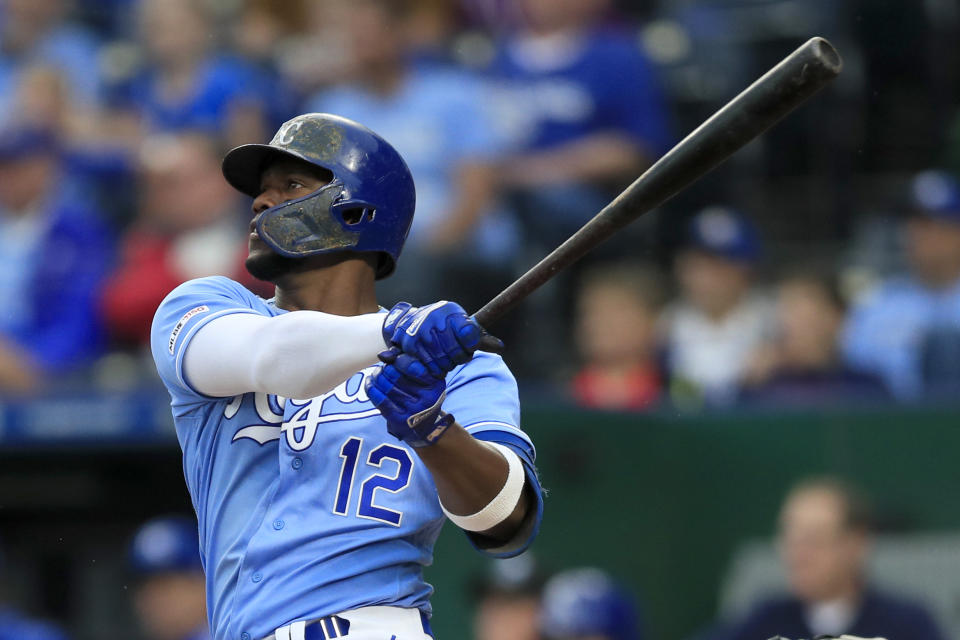 Kansas City Royals designated hitter Jorge Soler hits a two-run home run during the seventh inning of a baseball game against the Minnesota Twins at Kauffman Stadium in Kansas City, Mo., Saturday, Sept. 28, 2019. (AP Photo/Orlin Wagner)