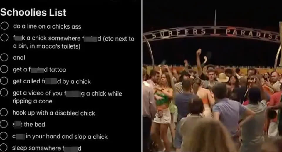 A Schoolies “checklist” featuring 10 disturbing sexually explicit and drug-fuelled challenges was shared online last week Source: Facebook via Daily Mail/9News
