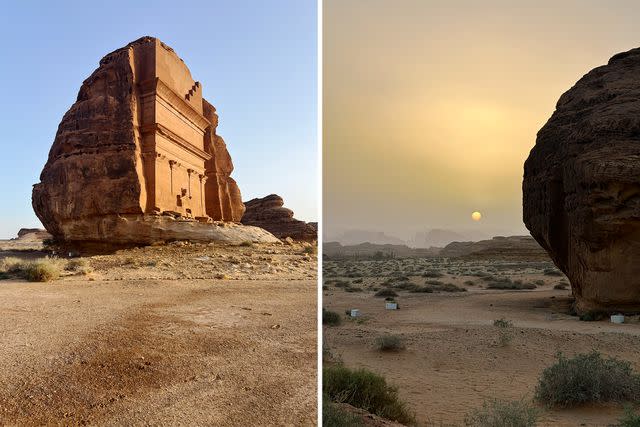 <p>Susmita Baral/Travel + Leisure</p> Al Hegra monument and surrounding landscape in Alula, Saudi Arabia.