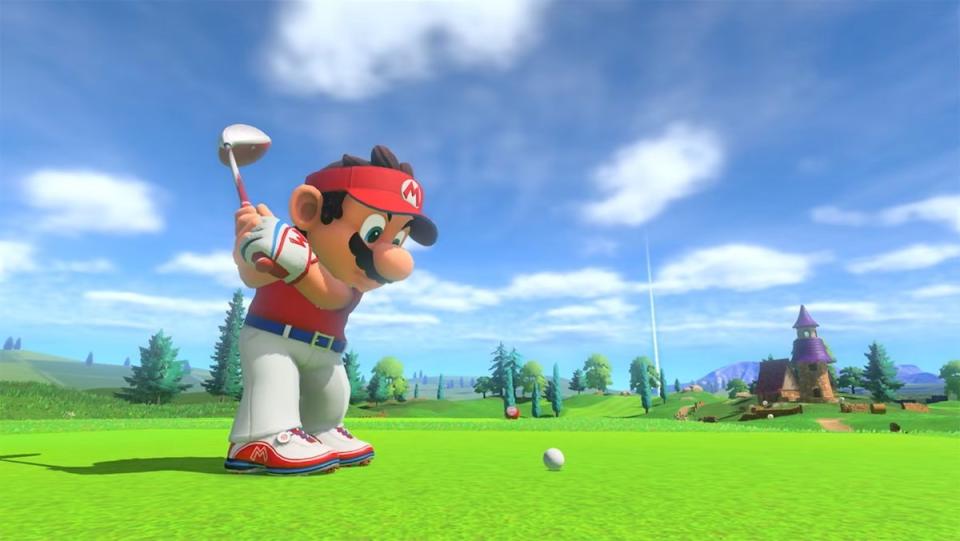 Mario mid swing in a screengrab from Mario Golf
