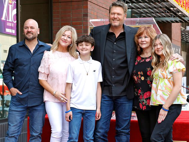 <p>Frazer Harrison/Getty</p> Mike Intrieri, Endy Intrieri, Ryan Intrieri, Blake Shelton, Dorothy Shackleford, and Jace Intrieri attend Blake Shelton's Star Ceremony on The Hollywood Walk Of Fame on May 12, 2023 in Hollywood, California.