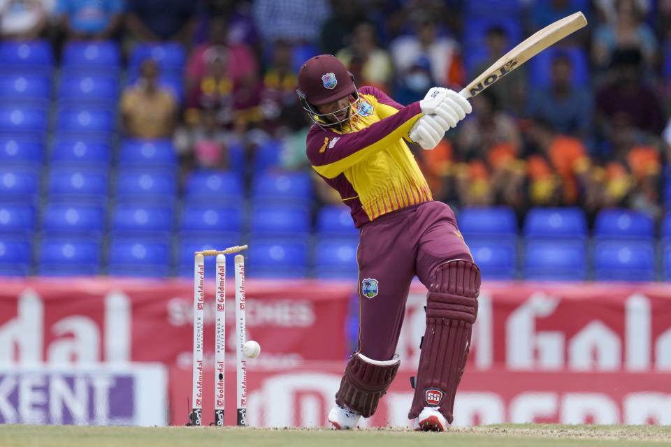 West Indies' Brandon King is bowled by India's Hardik Pandya during the third T20 cricket match at Warner Park in Basseterre, St. Kitts and Nevis, Tuesday, Aug. 2, 2022. (AP Photo/Ricardo Mazalan)