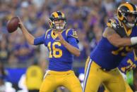 Sep 27, 2018; Los Angeles, CA, USA; Los Angeles Rams quarterback Jared Goff (16) throws a pass against the Minnesota Vikings in the second quarter at Los Angeles Memorial Coliseum. Mandatory Credit: Kirby Lee-USA TODAY Sports
