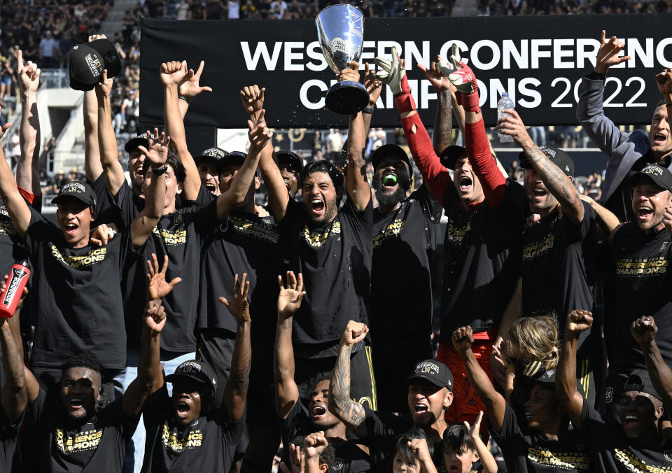 Los Angeles FC celebrates after a win over Austin FC in the MLS playoff Western Conference final soccer match Sunday, Oct. 30, 2022, in Los Angeles. (AP Photo/John McCoy)