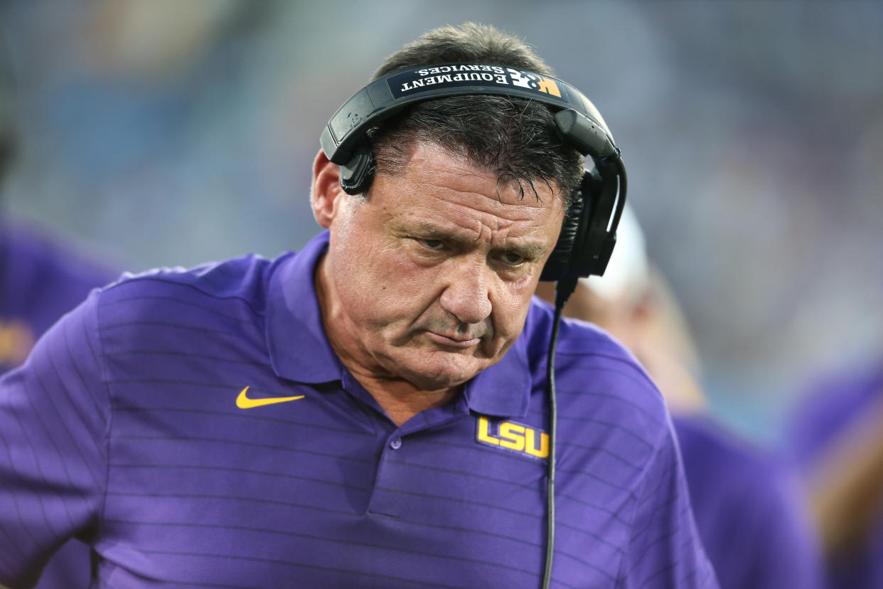 PASADENA, CA - SEPTEMBER 04:  LSU Tigers head coach Ed Orgeron during the college football game between the LSU Tigers and the UCLA Bruins on September 04, 2021, at the Rose Bowl in Pasadena, CA. (Photo by Jevone Moore/Icon Sportswire via Getty Images)