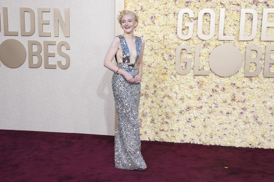 Julia Garner arrives at the 81st Golden Globe Awards on Sunday, Jan. 7, 2024, at the Beverly Hilton in Beverly Hills, Calif. (Photo by Jordan Strauss/Invision/AP)