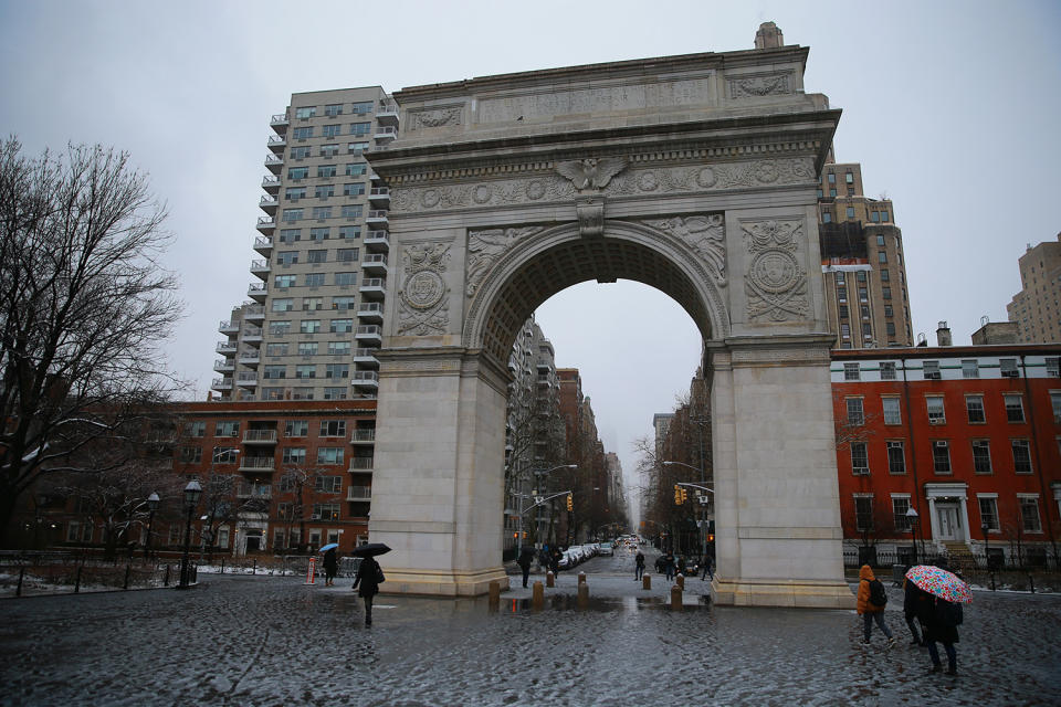 <p>The scene in Washington Square Park in New York City as snow turns to rain before the second storm in week hits the northeast on March 7, 2018. (Photo: Gordon Donovan/Yahoo News) </p>