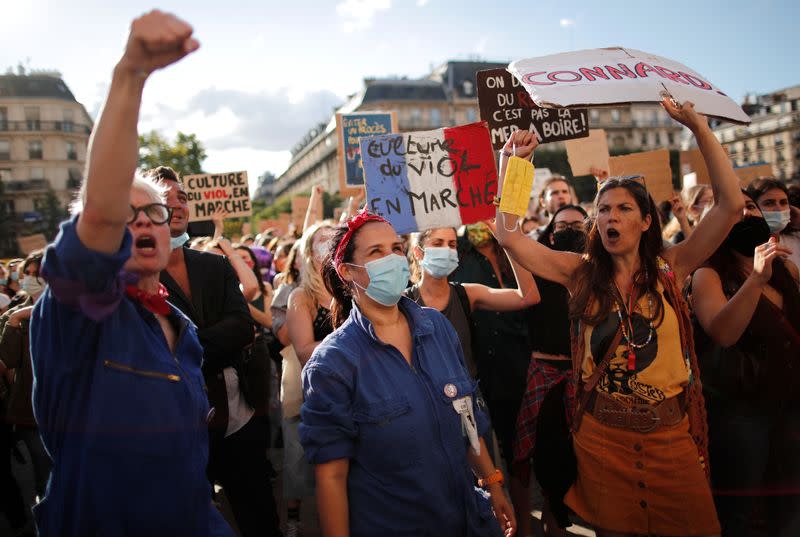 Feminist activists demonstrate against new government appointments in Paris