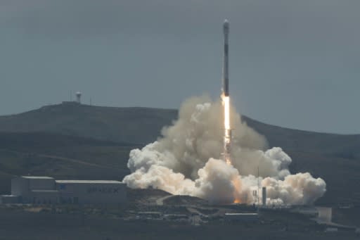 The SpaceX Falcon 9 rocket carrying the GRACE twin satellites and five Iridium commercial communication satellites as seen in this NASA photo lifting off from the Vandenberg Air Force Base in California