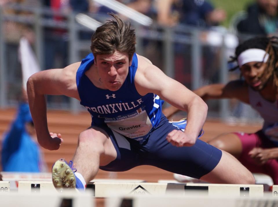 Bronxville's Wyatt Gravier competes in the 110-meter hurdle qualifier during day 3 of the 56th annual Glenn D. Loucks Games at White Plains High School on Saturday, May 11, 2024.