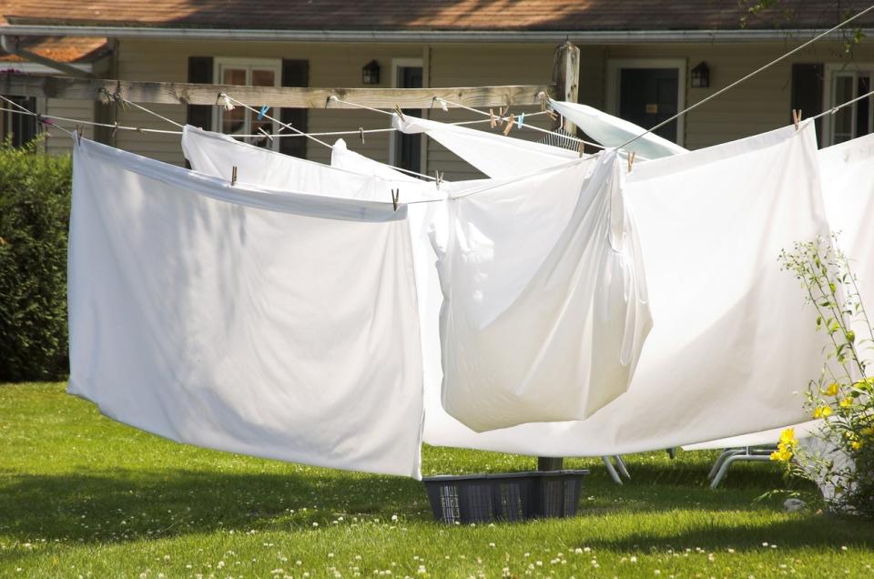 White bed sheets hanging on clotheslines in the backyard of a suburban home