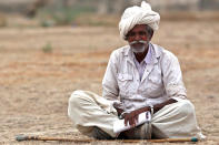 A farmer waits to receive the fodder being distributed by the government for cattle at Sami village in the western Indian state of Gujarat August 6, 2012. Armed with the latest monsoon rainfall data, weather experts finally conceded this month that India is facing a drought, confirming what millions of livestock farmers around the country had known for weeks. Picture taken August 6, 2012. REUTERS/Ahmad Masood