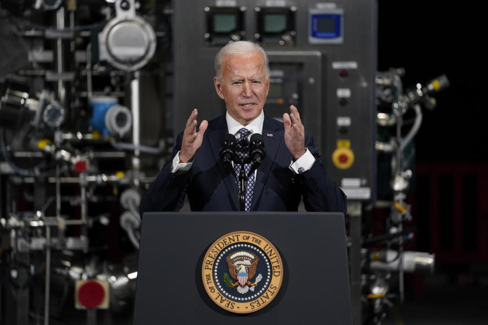 FILE - In this Feb. 19, 2021, file photo President Joe Biden speaks after a tour of a Pfizer manufacturing site in Portage, Mich. (AP Photo/Evan Vucci, File)