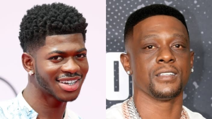 Gay rap star Lil Nas X (left) used Twitter to troll fellow rhymer Boosie (right) and promote his latest music video after the latter made some homophobic remarks on “The Breakfast Club.” (Photos by Rich Fury/Getty Images and Carmen Mandato/Getty Images)