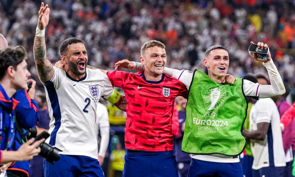 <span>Kyle Walker, Kieran Trippier and Phil Foden celebrate after England beat the Netherlands in Dortmund.</span><span>Photograph: Andre Weening/Orange Pictures/Shutterstock</span>