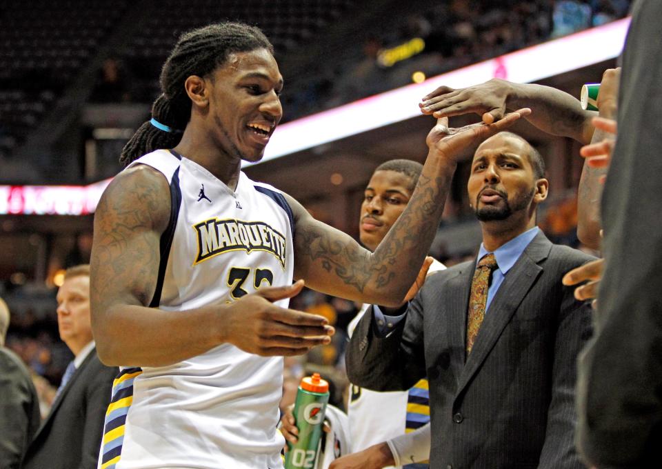 Jae Crowder is congratulated for his 27 points during Marquette's 82-65 win over Rutgers on Feb. 22, 2012.