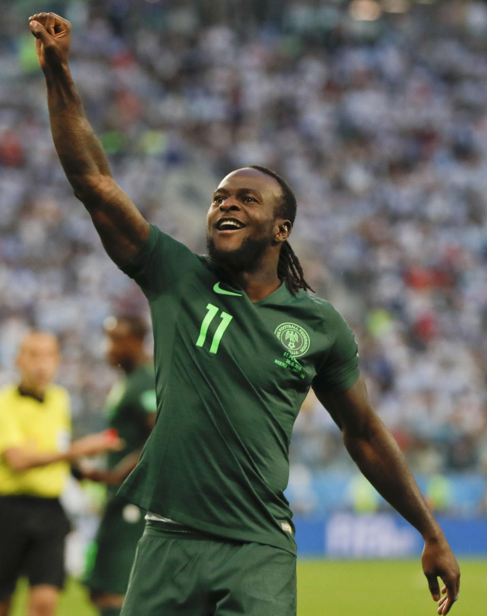 <p>Victor Moses celebrates after scoring Nigeria’s first goal to haul the Super Eagles to 1-1 </p>