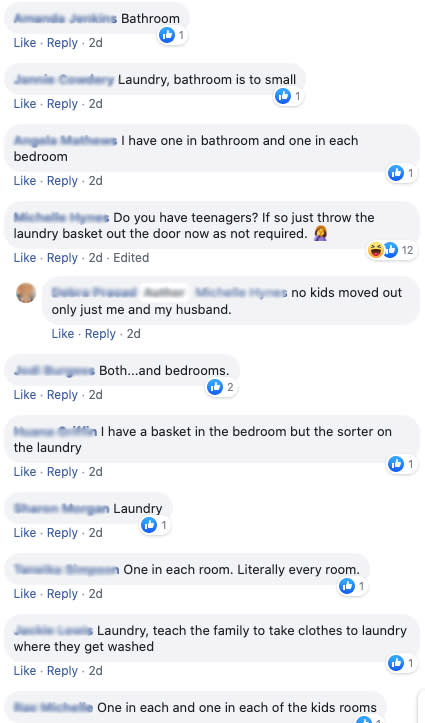 Facebook users flooded the comments section with their preferred laundry hamper location. Photo: Facebook.