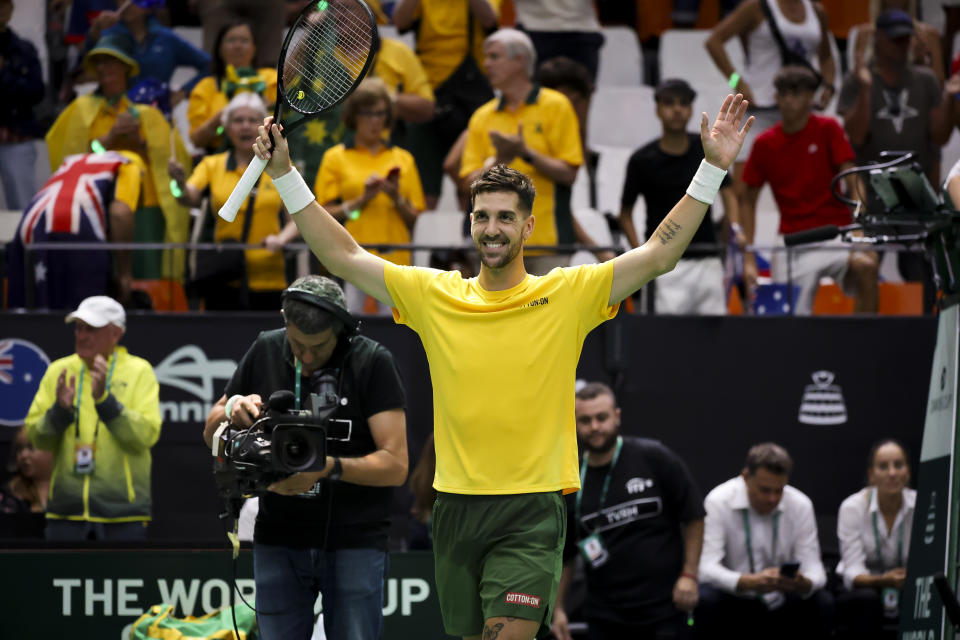 Thanasi Kokkinakis participates in the Davis Cup match between Czechia and Australia in Valencia, Spain, on September 12, 2023. (Photo by Jose Miguel Fernandez/NurPhoto via Getty Images)