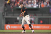 San Francisco Giants second baseman Casey Schmitt throws out Baltimore Orioles' Ryan O'Hearn at first base during the third inning of a baseball game in San Francisco, Saturday, June 3, 2023. (AP Photo/Jeff Chiu)