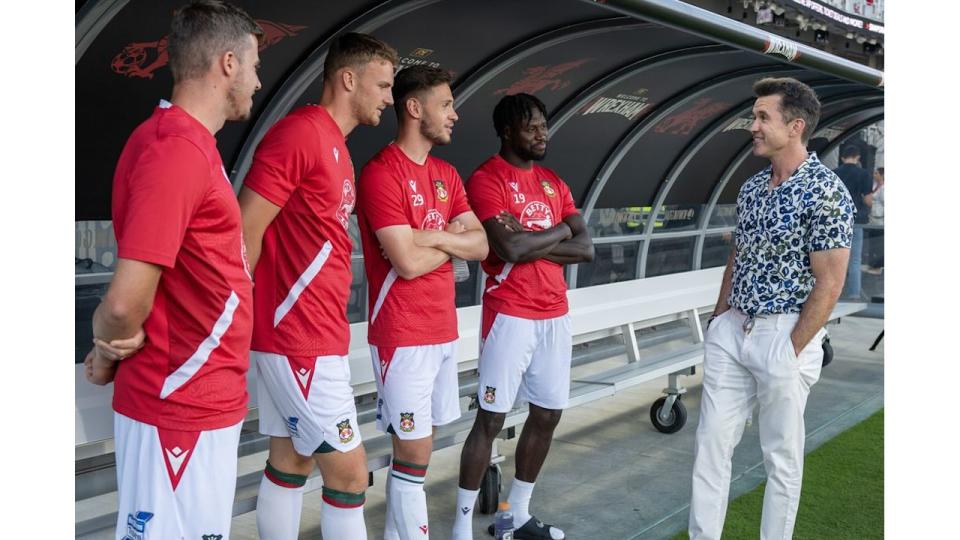 Wrexham co-owner Rob McElhenney meets some of the players prior to the pre-season friendly match between Manchester United and Wrexham at Snapdragon Stadium on July 25, 2023 in San Diego, California