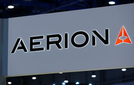 A logo of supersonic jet maker Aerion Corporation is pictured on their booth during the European Business Aviation Convention & Exhibition (EBACE) in Geneva, Switzerland, May 22, 2017. REUTERS/Denis Balibouse/File Photo
