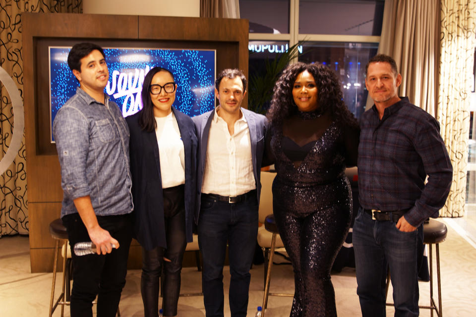 SoundCloud x Pandora "Be First to be Heard" event on Tuesday, January 8th, 2019 at Pandora's CES HQ Sky Villa at CES from left to right: Tim Peterson (Digiday), Minjae Ormes (CMO, Visible), Michael Weissman (COO, SoundCloud), artist Lizzo and Chris Phillips (CPO, Pandora)