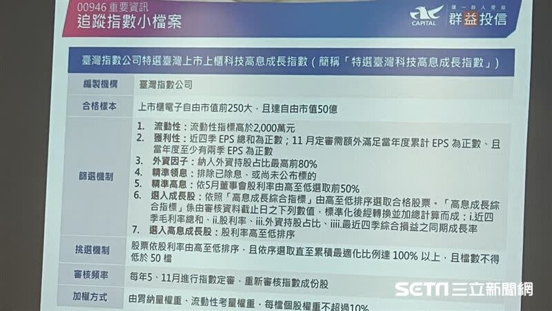 群益科技高息成長ETF（00946）追蹤指數小檔案。（圖／記者王翊綺攝影）