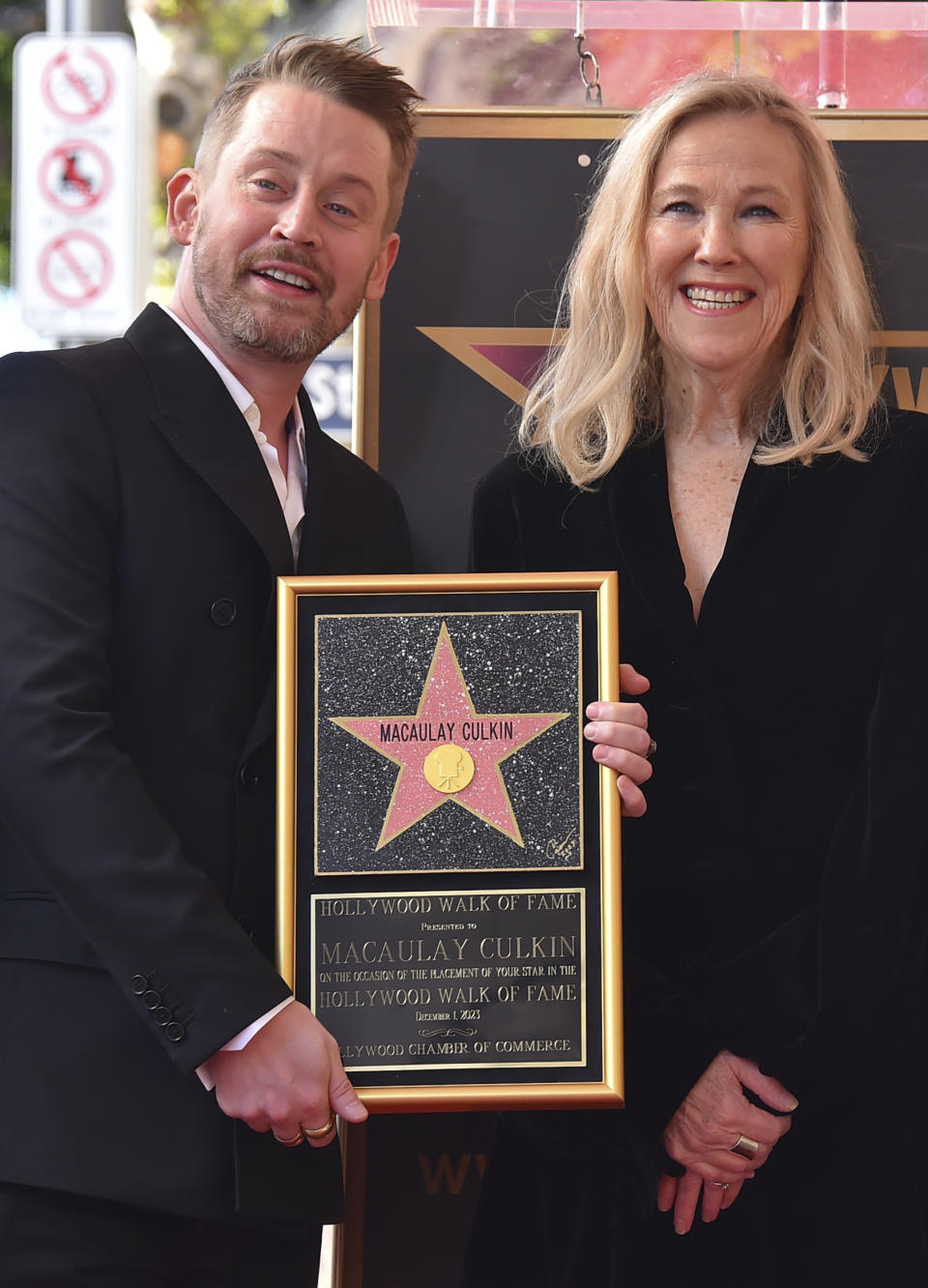 Macaulay Culkin, left, and Catherine O'Hara attend a ceremony honoring Culkin with a star on the Hollywood Walk of Fame on Friday, Dec. 1, 2023, in Los Angeles. (Photo by Jordan Strauss/Invision/AP)