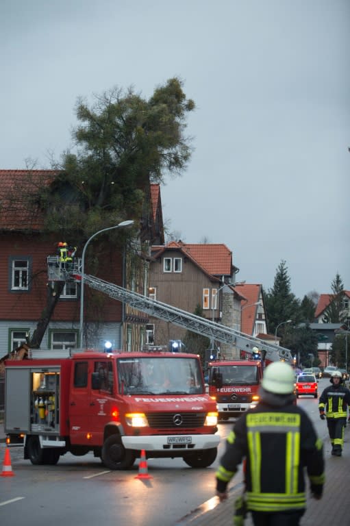 German firefighters in the northern town of Wernigerode try and remove a tree that fell on a house during the storm