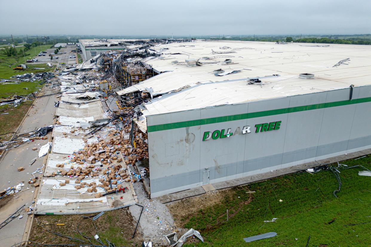 A Dollar Tree warehouse is pictured on Monday, April 29, 2024, after a tornado ripped through Marietta, Okla., on Saturday.