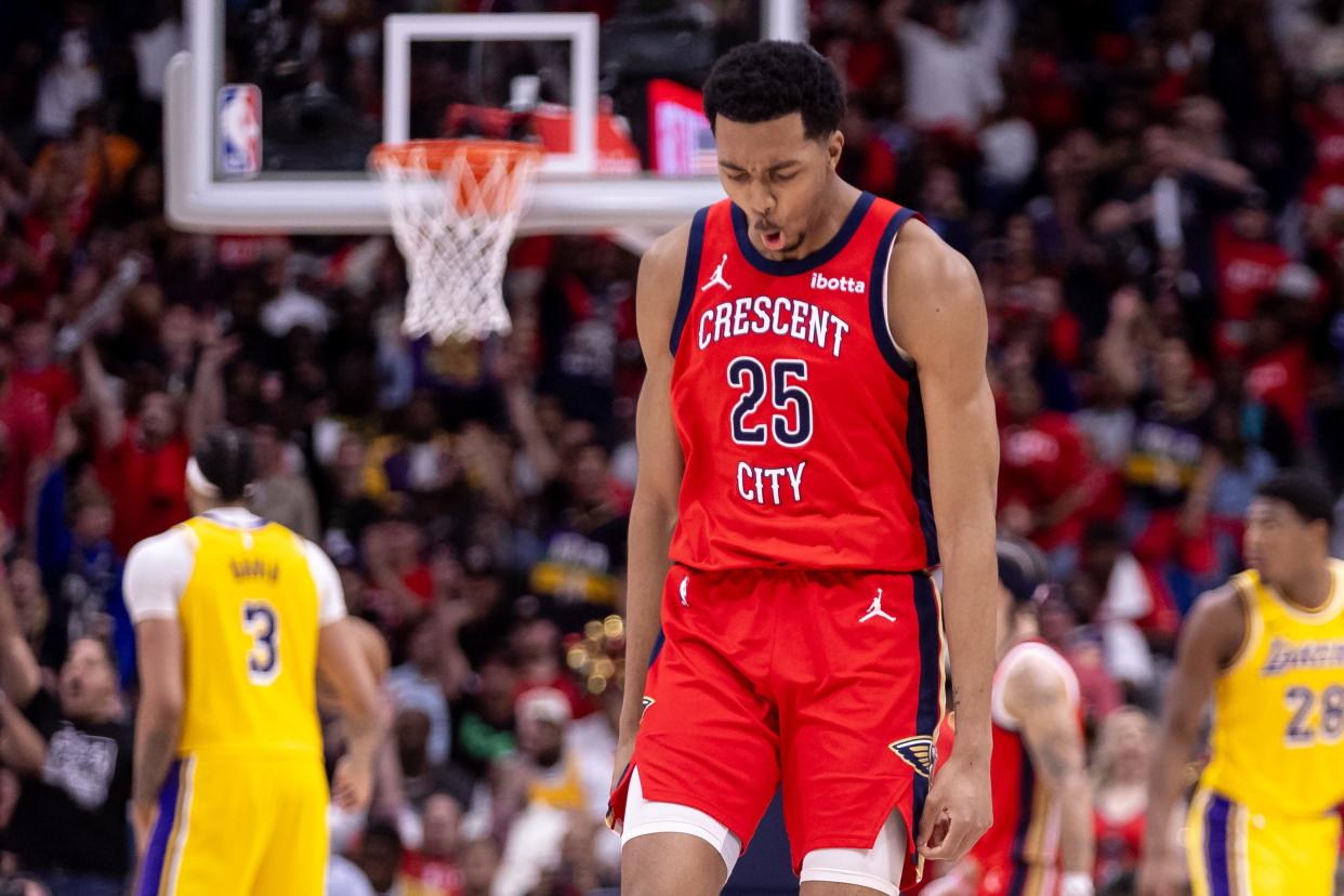 Pelicans guard Trey Murphy III (25) reacts to making a 3-pointer against the Lakers during the second half of their NBA play-in tournament game at Smoothie King Center in New Orleans on April 16, 2024.